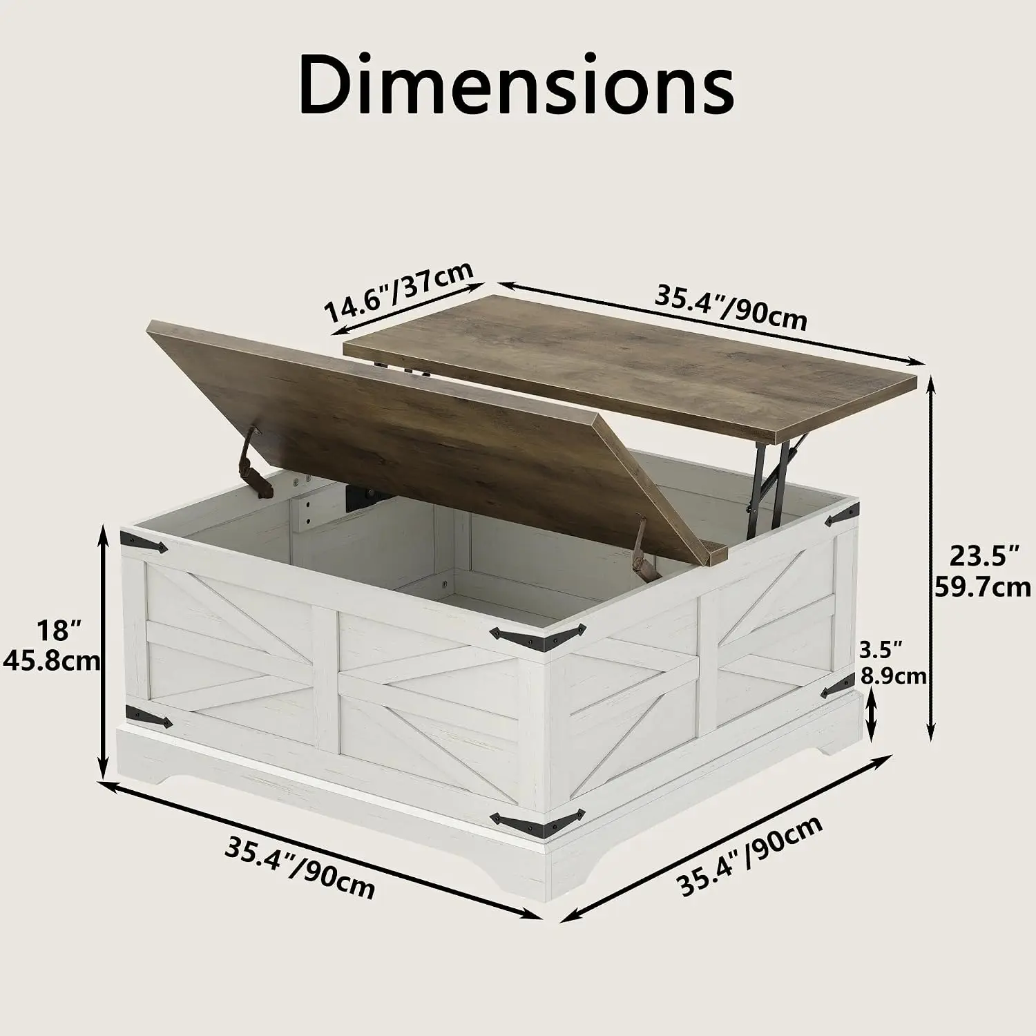 Square Lift Top Coffee Table with Large Hidden Storage Wood Center Table for Living Room Home Office 35.5''W Brown, Customized
