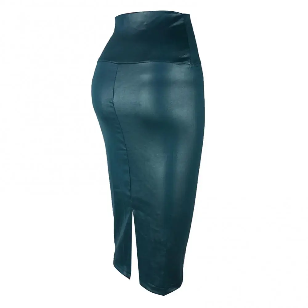 Bodycon Skirt Fashion High Waist Women Split Faux Leather Knee Length Pencil Skirt