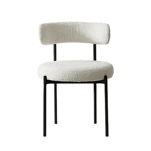 Modern nordic White Wool Blend Boucle Fabric Black Metal leg cafe Lambswool Dining Chair Metal Nordic Dining Chair