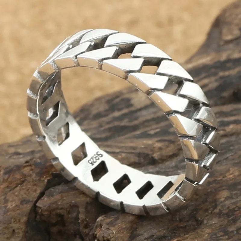 

Real Solid 925 Sterling Silver Band Men Gift Lucky Hollow Curb Cuban Link Chain Ring