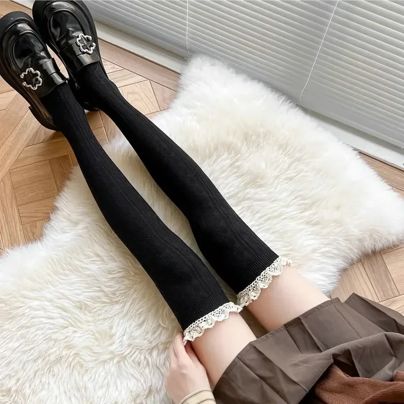

JK Lace Socks Lolita Lace Stockings Women Knitted Pattern Girls Cute Elegant Solid Color Winter Warmer Floor Hosiery
