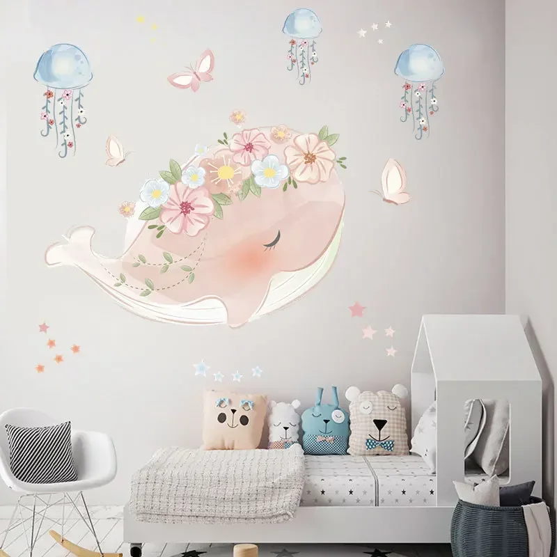 Cute Pink Whale Wreath Jellyfish Wall Sticker for Kids Rooms Bedroom Living Room Decorations Mural Home Decor Stickers