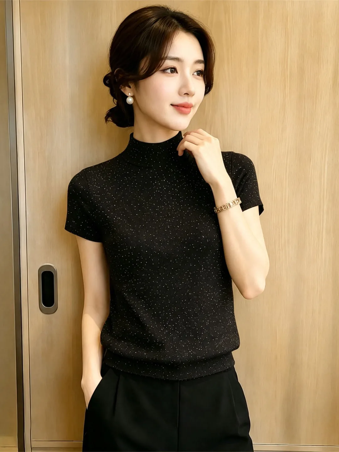 Unique Design Half High Collar Short Sleeve T-Shirt Overhead Fashionable Top Slimming Summer 2026 Korean Style Straight Cut