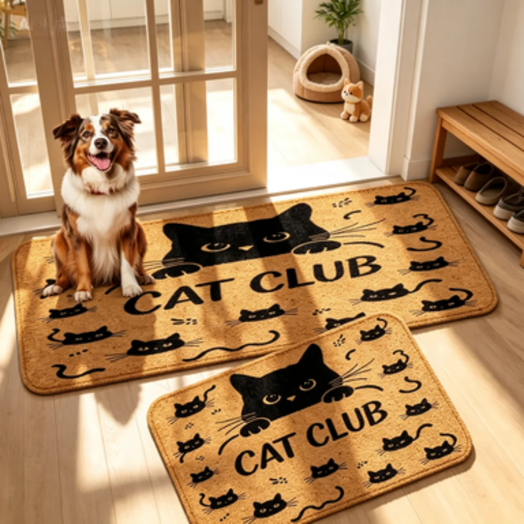 Wood Cat Club Mat, Navy Party Flag Mat, Gold Wolf WILD Mat, Black Graffiti Cat Geometric Line Paw Runner.