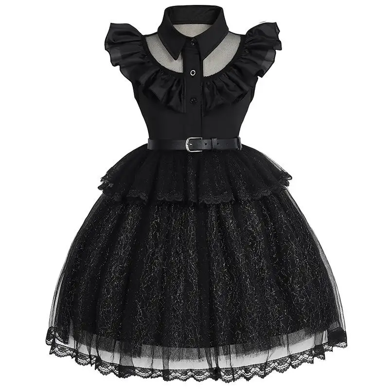 Girls' Halloween New Wednesday Adams Black Dress Flying Sleeves Collar Mesh Belt Splicing Fashion Cosplay Princess Dress