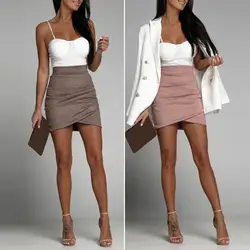 Chic Mini Rok Kleurvast Bodycon Rok Rits Sluiting Office Lady Sexy Geplooide Suède Potlood Korte Rok Veelzijdige