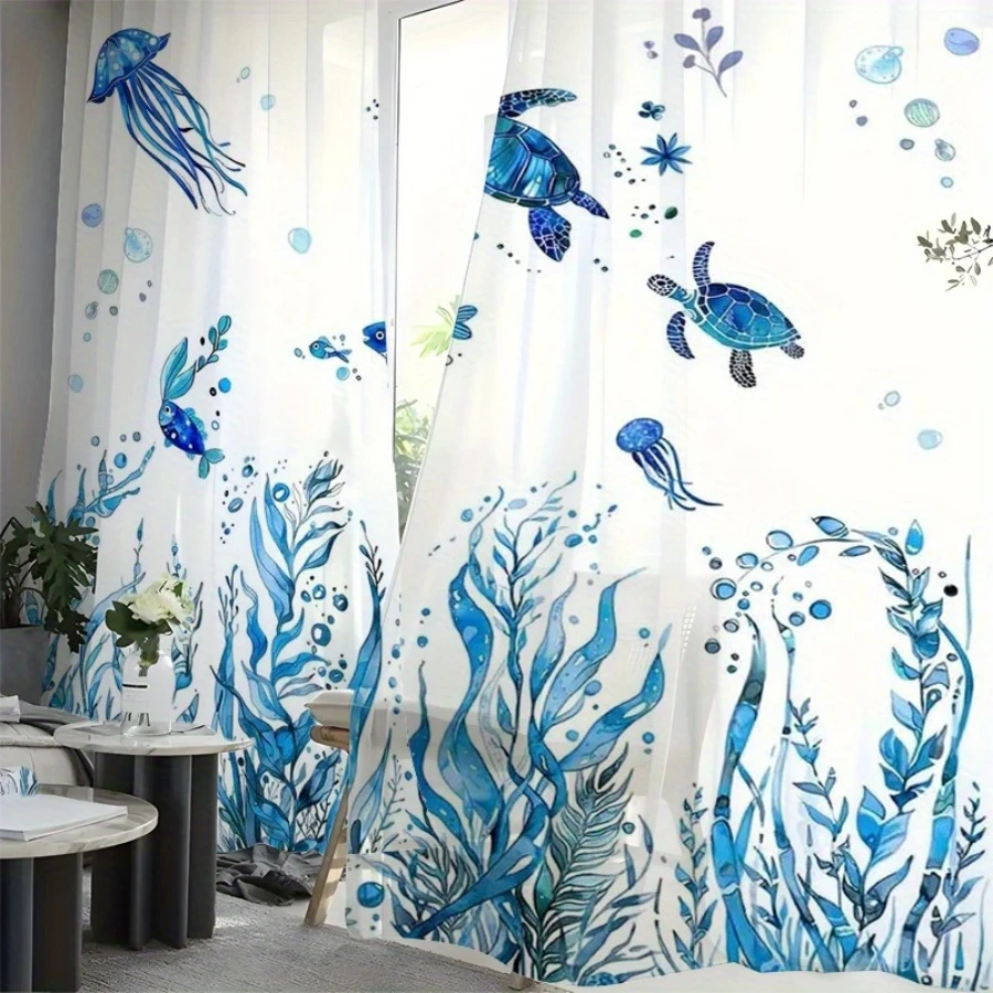 2PCS Digital Print Sheer Curtain, Dark Blue Sea Turtle Jellyfish, Boho Chic Window Curtains for Living Room Bedroom Decor