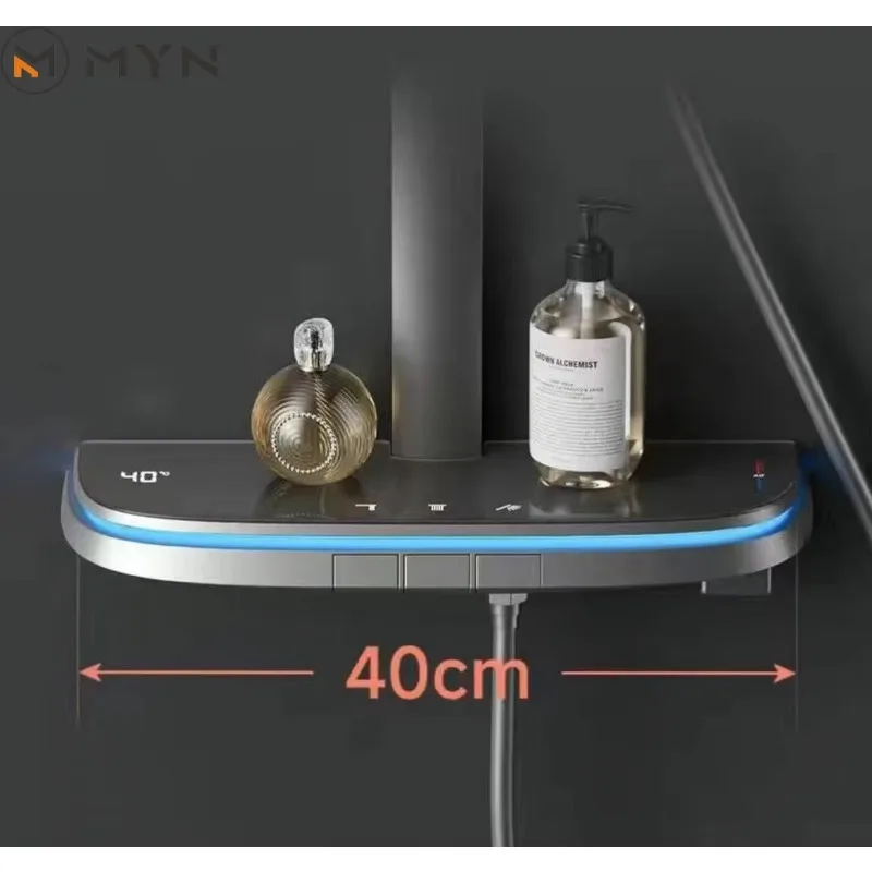 

Новый дизайн, серый латунный корпус, клавиша для фортепиано, 4 четырехъядерные функции, цифровая круглая насадка для душа с водопадом, набор душевой системы для ванной комнаты