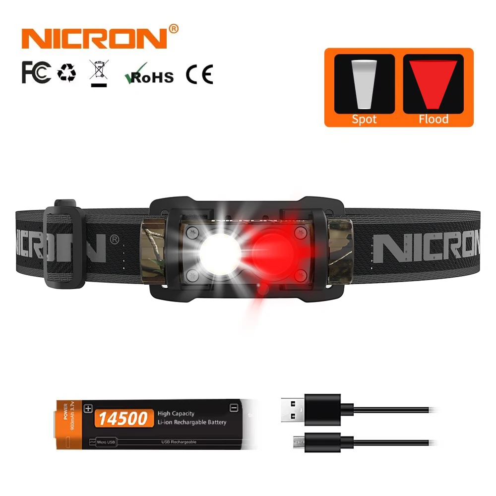 NICRON Mini Rechargeable LED Headlamp 500Lm 89M Long Beam Waterproof IP67 Flashlight Headlight Torch Lamp For Camping H15 plus