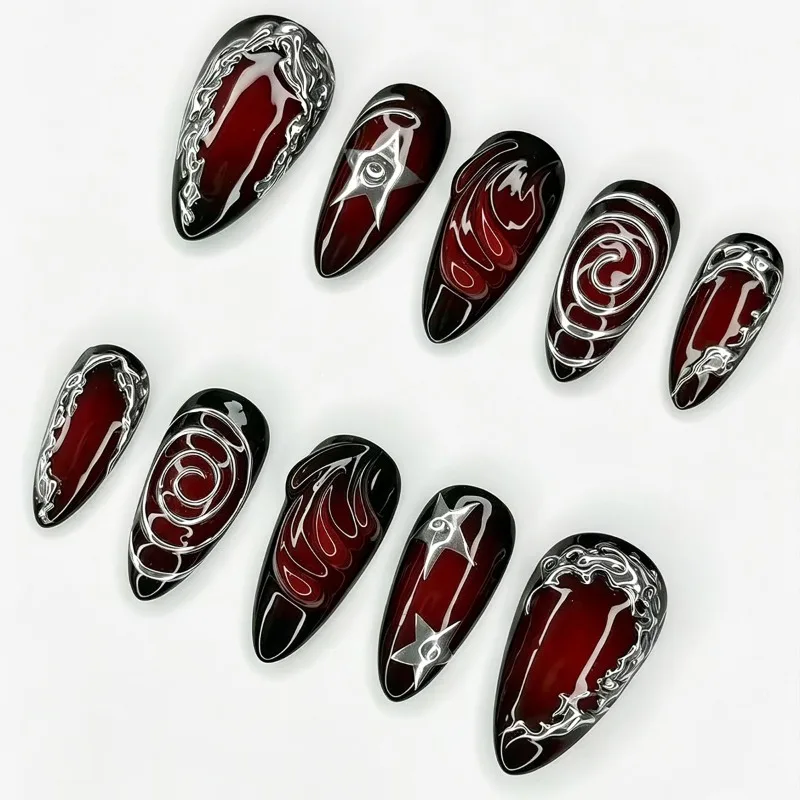 24PCS Sweet Cool Wine Red Almond Press on Nails Gothic Metallic Silver Star Swirl Patterns French False Nails Full Cover Tips
