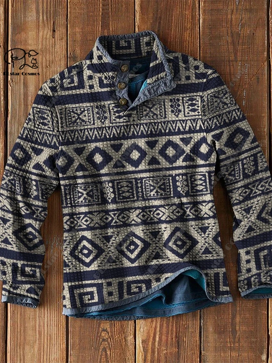 PLstar Cosmos new 3D printing tribal retro pattern series warm stand collar sweater Polo street casual unisex winter Polo L-14