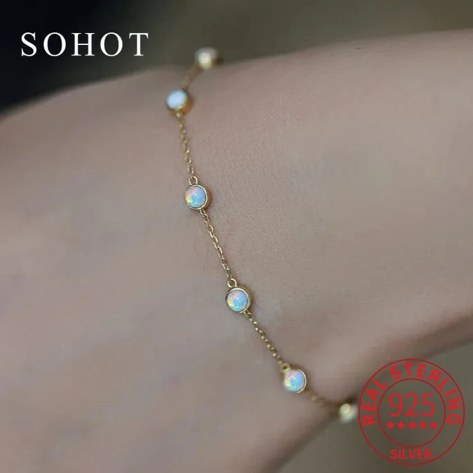 Real 925 Sterling Silver Round Opal 18K Gold Chain Bracelet for Fashion Women Party Trendy Fine Jewelry Exquisite Gift