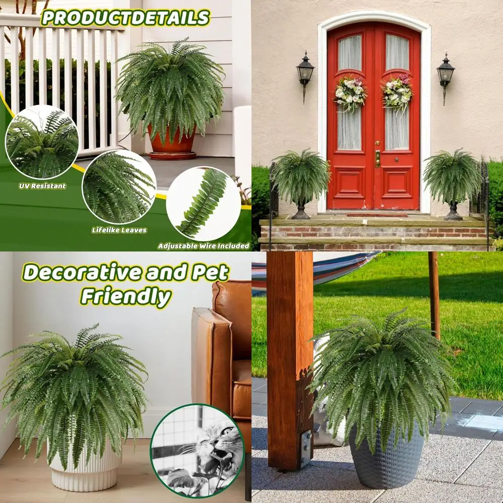 

50 Large Artificial Fern with 100 Fronds, Realistic Faux Boston Fern for Outdoor and Indoor Use, Silk Greenery for Planters, Gar