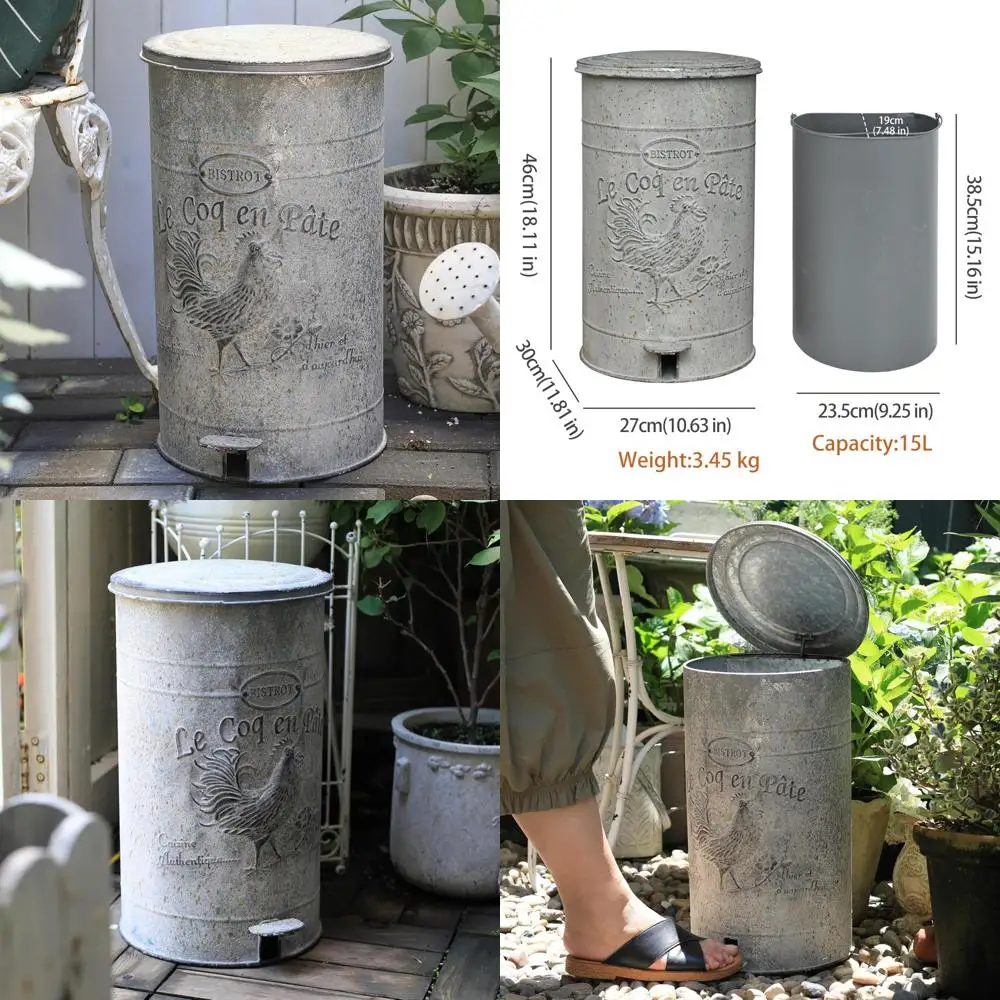 

Retro-Style 15 Liter Touchless Pedal Kitchen Trash Can with Rooster Pattern and Lid for Eco-Friendly Waste Disposal