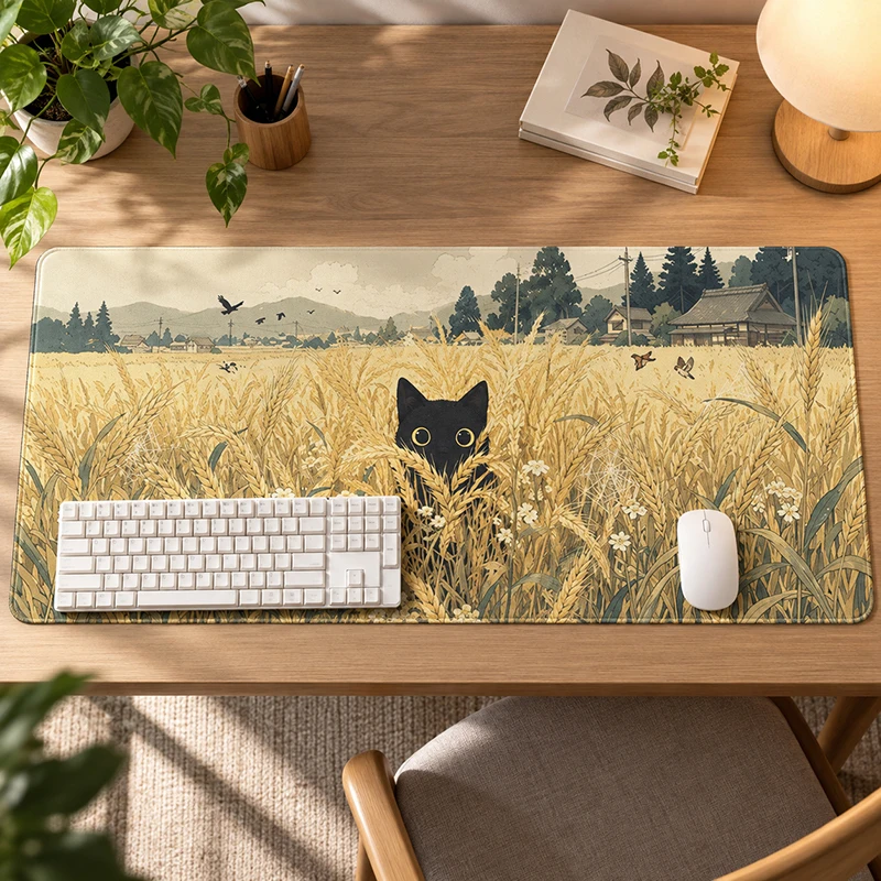 Mouse Pad Black Cat Wheat Field Gamer printon demand Computer Mousepad XXL Desk Mats Soft Non-Slip Natural Rubber Mouse Mats