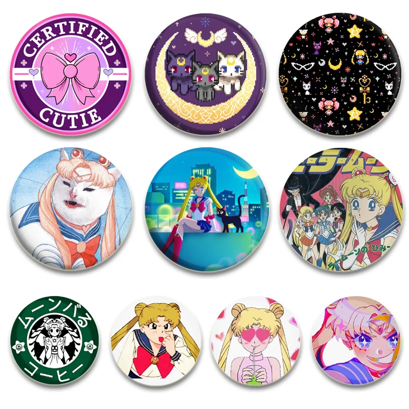 

Tsukino Usagi Chibiusa Ami Rei Makoto Cartoon Badge Sailor Warrior Anime Brooches Round Handmade Lapel Pins Accessorie Gifts