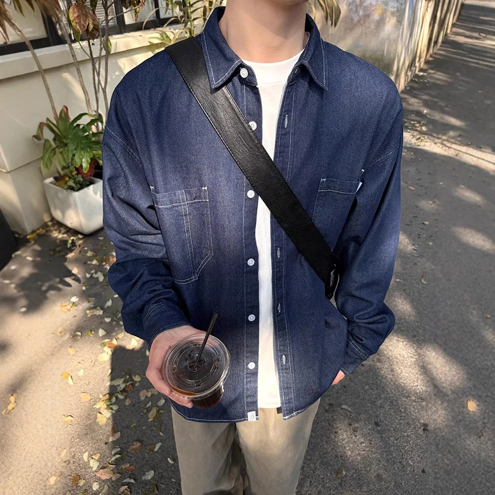 

Retro Japanese Style Long Sleeve Blue Denim Shirt Men's Spring Autumn New Style Versatile Outerwear Pure Color Casual Shirt