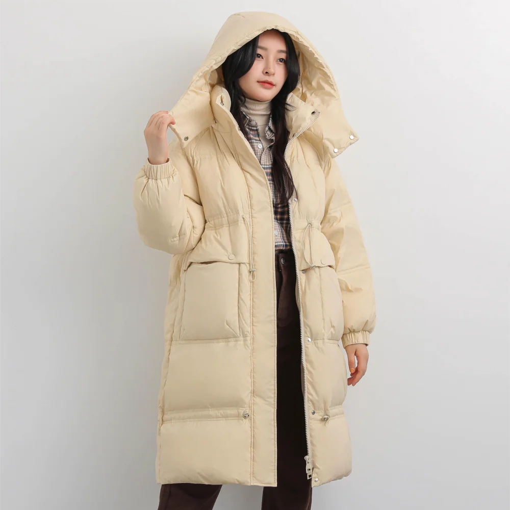 

YAYA 2022 Women Down Jacket Detachable Hood Long Overcoat Light Soft Fabric Winter Puffy Padded Parkas