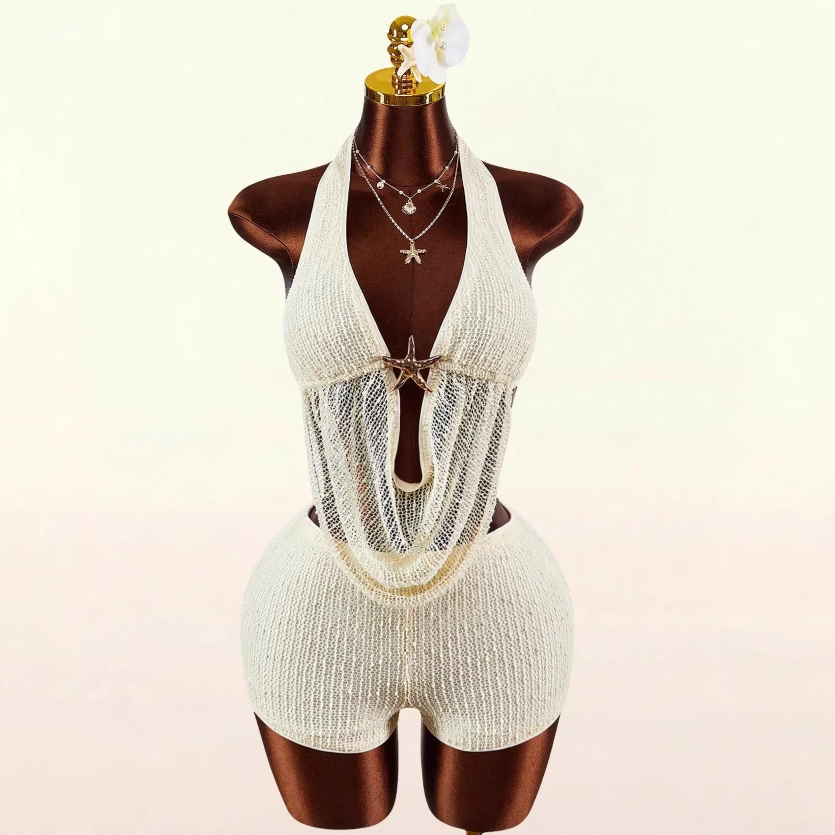 

New Solid Color Elegant And Alluring Halter Neck Backless Slim-fit Strappy Sexy Low-neck Tank Top And Shorts Set