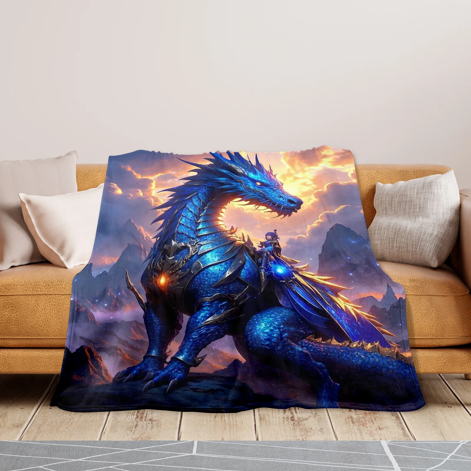 Одеяло Dragon Rider темно-синего цвета с мифологическим искусством и фантазийными тематиками для приключенческих и уникальных домашних акцентов