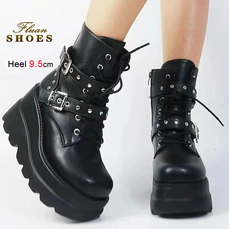 

2025 Черные женские рыцарские сапоги Ботильоны на заклепках со шнуровкой до щиколотки Ботинки на танкетке и платформе в стиле панк Сапоги с круглым носком и боковой молнией Размер 43