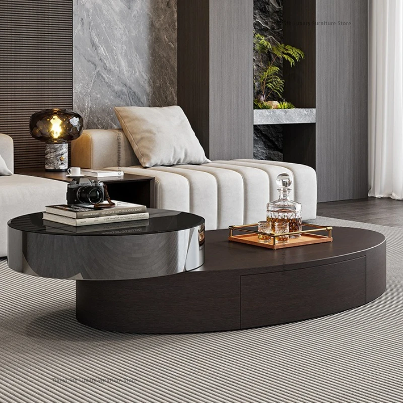 Mesa de centro ovalada minimalista italiana, muebles giratorios de madera maciza para sala de estar, diseño creativo de lujo moderno, Escritorios FYCT