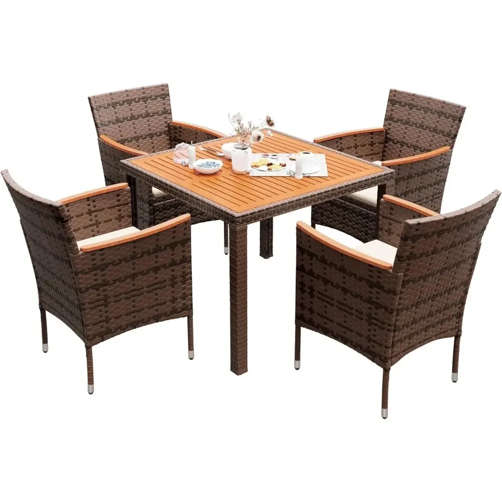 Patio Conversation Set with Acacia Wood Top, Rattan Outdoor Dining Table and Chairs for Backyard, Garden, Deck image 3