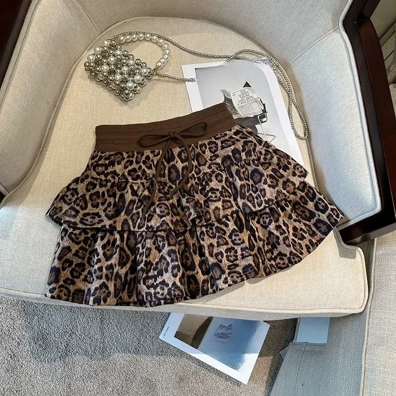Y2k American Vintage Leopard-print Ball Gown Cake Skirt Women's A-line Short Skirts 2026 High Waist Ruffles Jupes Female