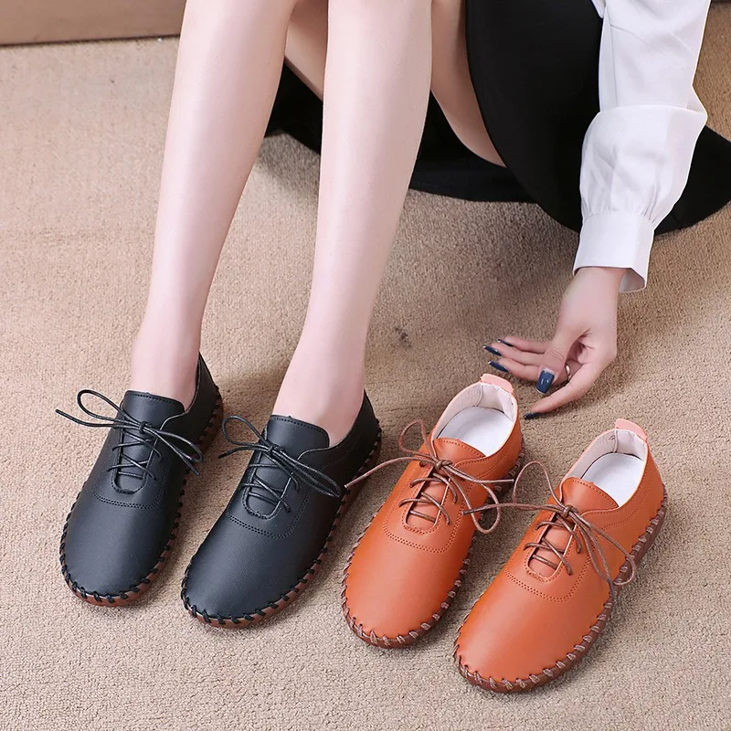 Newest Woman Flats Breathable Sew Oxford Sneakers Women Casual Lace Up Split Leather Hollow Moccasins Loafer Shoes