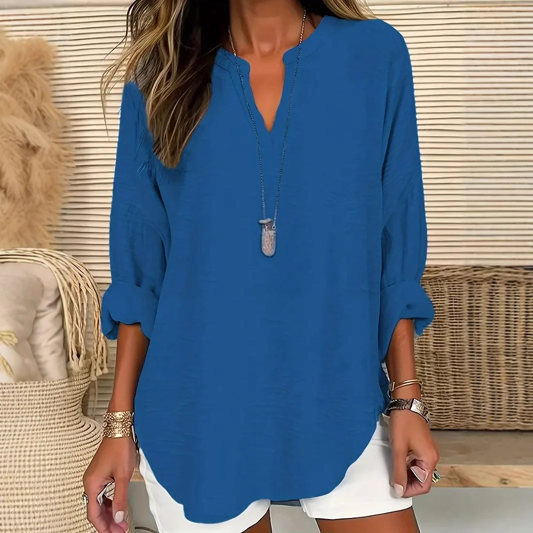 

Женские рубашки с длинным рукавом, осень-зима 202, женская рубашка больших размеров с длинным рукавом, v-образный вырез, хлопок, лен, однотонный дизайн