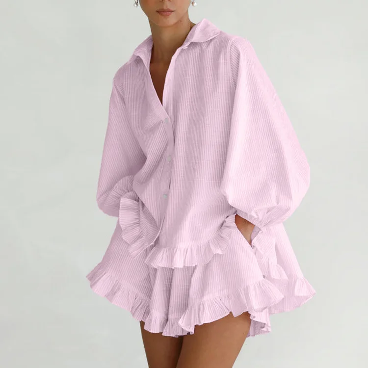 

Women's Fashion Stripe Set with Collar, Bubble Sleeves, Ruffle Edged Shirt, Loose Shorts, Casual Two Piece Set