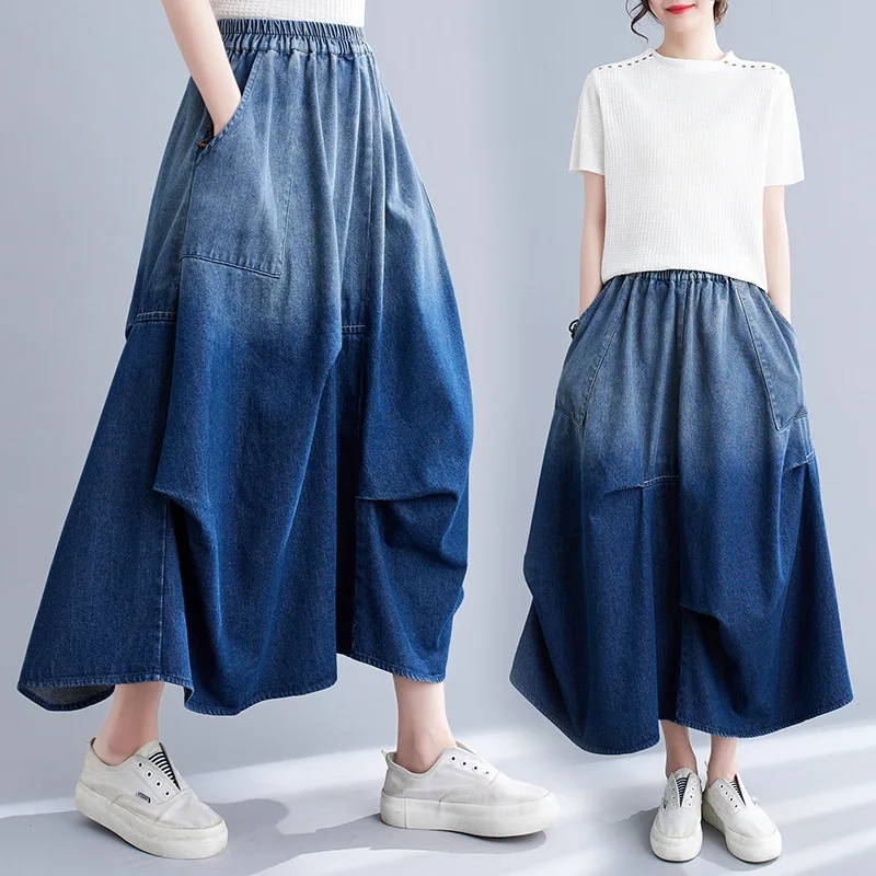 Skirt Women Denim Skirts A Line Elastic Waist Elegant Splice Pleated Vintage Washed Work Y2k Streetwear Daily Pocket Gradient
