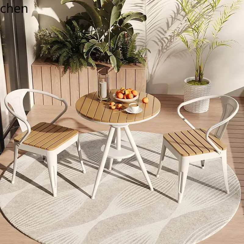 HT Outdoor Simple Table and Chair Set, Courtyard Dining Table, Adjustable Waterproof and Sunproof Iron Art Round Table