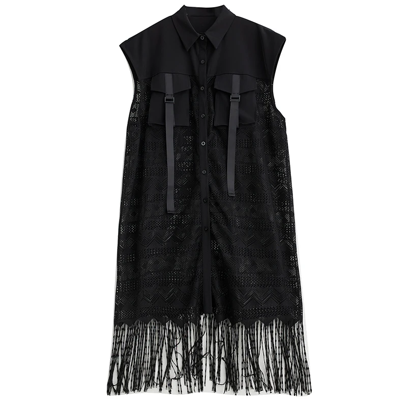 Hong Kong Sle dentelle irt Dr Color Blo Me épissure ort Sve jupe longue fermeture à bouton unique trajet taille ample De...