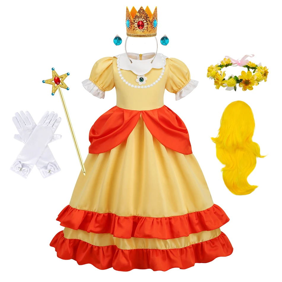 Girls Daisy Princess Yellow Layered Tulle Dress with Accessories Game Character Cosplay Costume Kids Halloween Carnival Gown