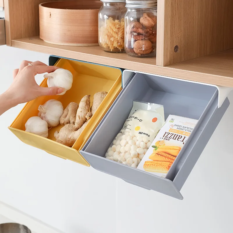 Self-Adhesive Hidden Plastic Storage Box Under the Table Hanging Shelf Drawer Organizers Kitchen Compartment Plate Container