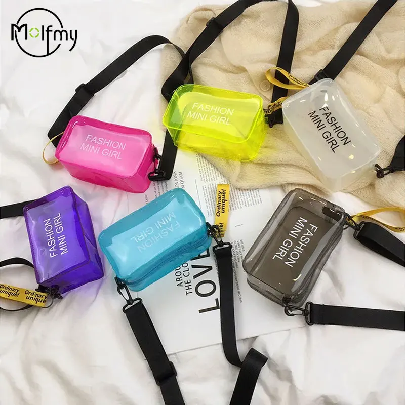 Transparent Crossbody Bag for Women Candy Color Letter waterproof Shoulder Messenger Bag PVC Jelly Tote Bag Swim Crossbody Purse