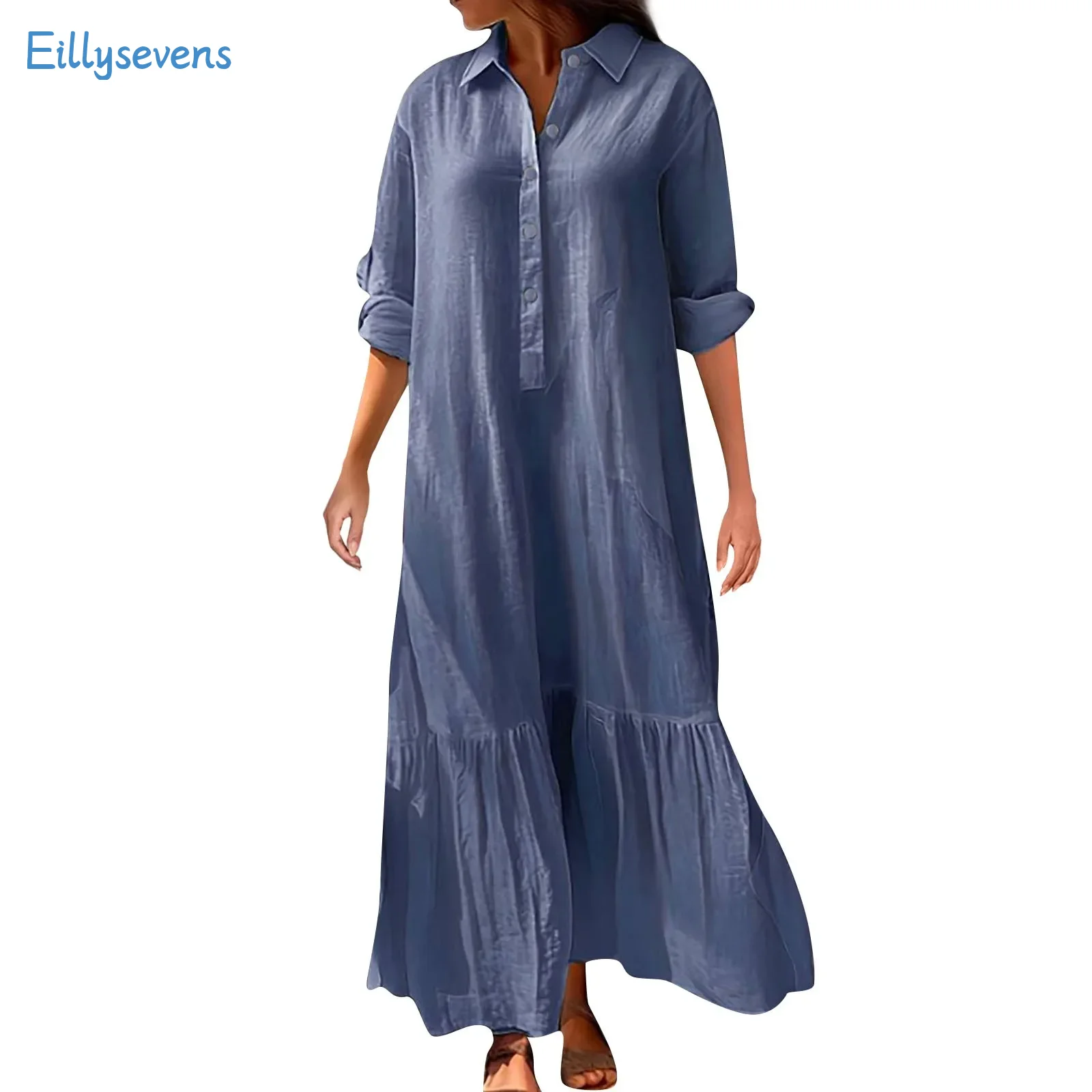 

Women'S Shirts Dresses Summer New Long Sleeve Button Lapel Loose Casual Long Dress Daily Commute Vacation All-Match Dress