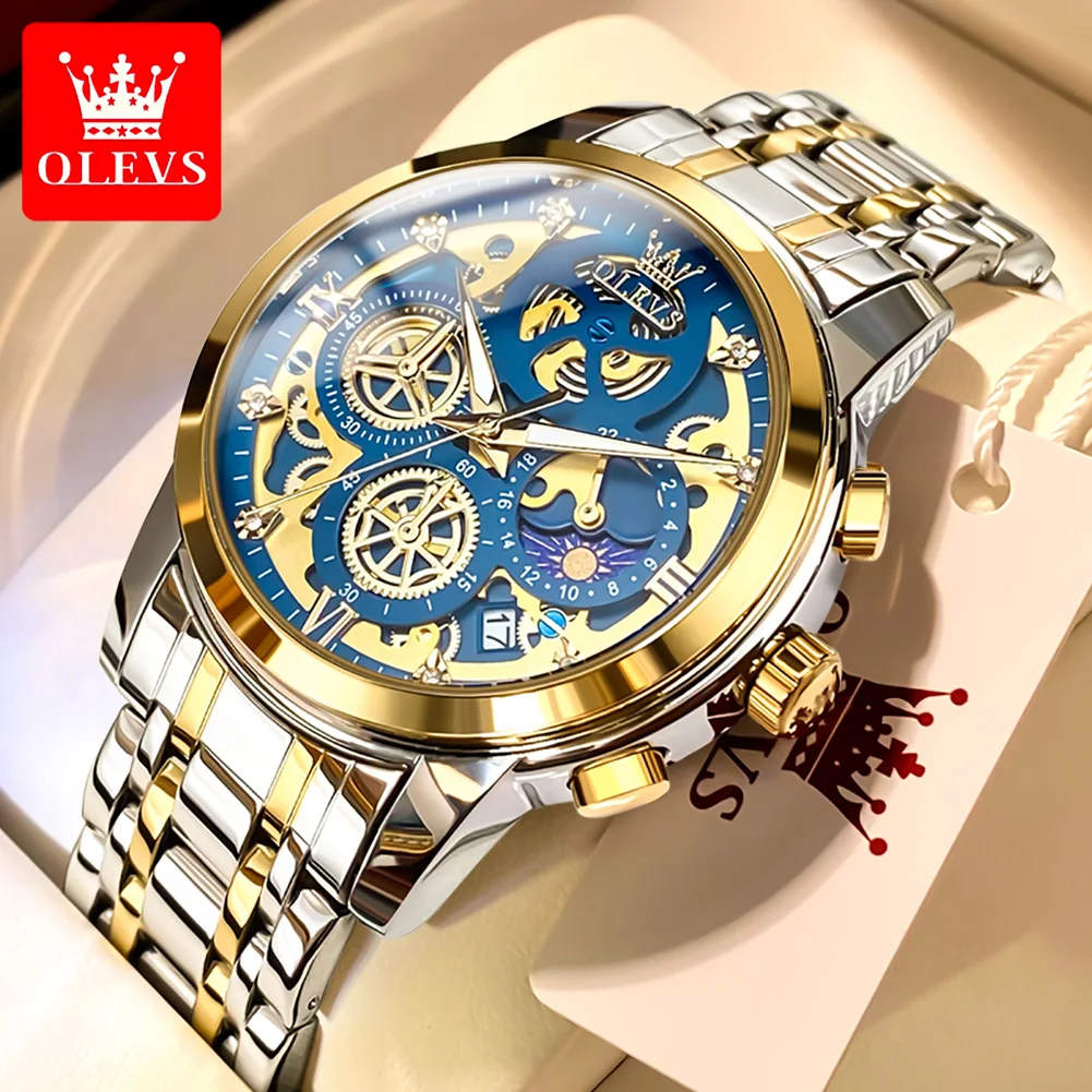 OLEVS 9947 Stainless Steel Men\'s Watches Luxury Hollow Out Flywheel Decoration Chronograph Moon Phase Quartz Wristwatch for Men