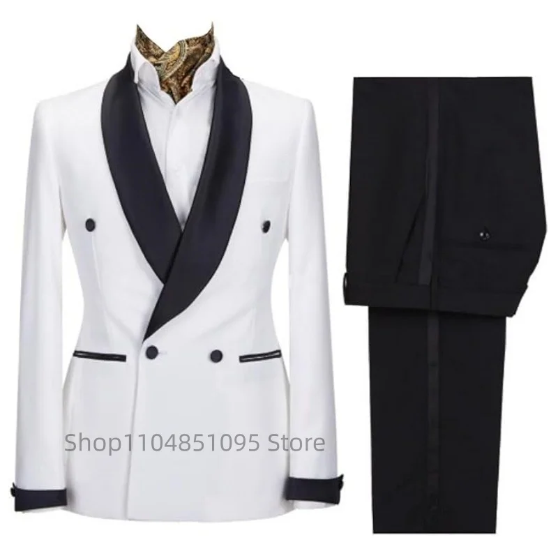 

Модный мужской свадебный костюм-двойка: приталенный пиджак с шалевым воротником и брюки. Идеально для торжественных мероприятий, деловых встреч, вечеринок, а также для жениха.