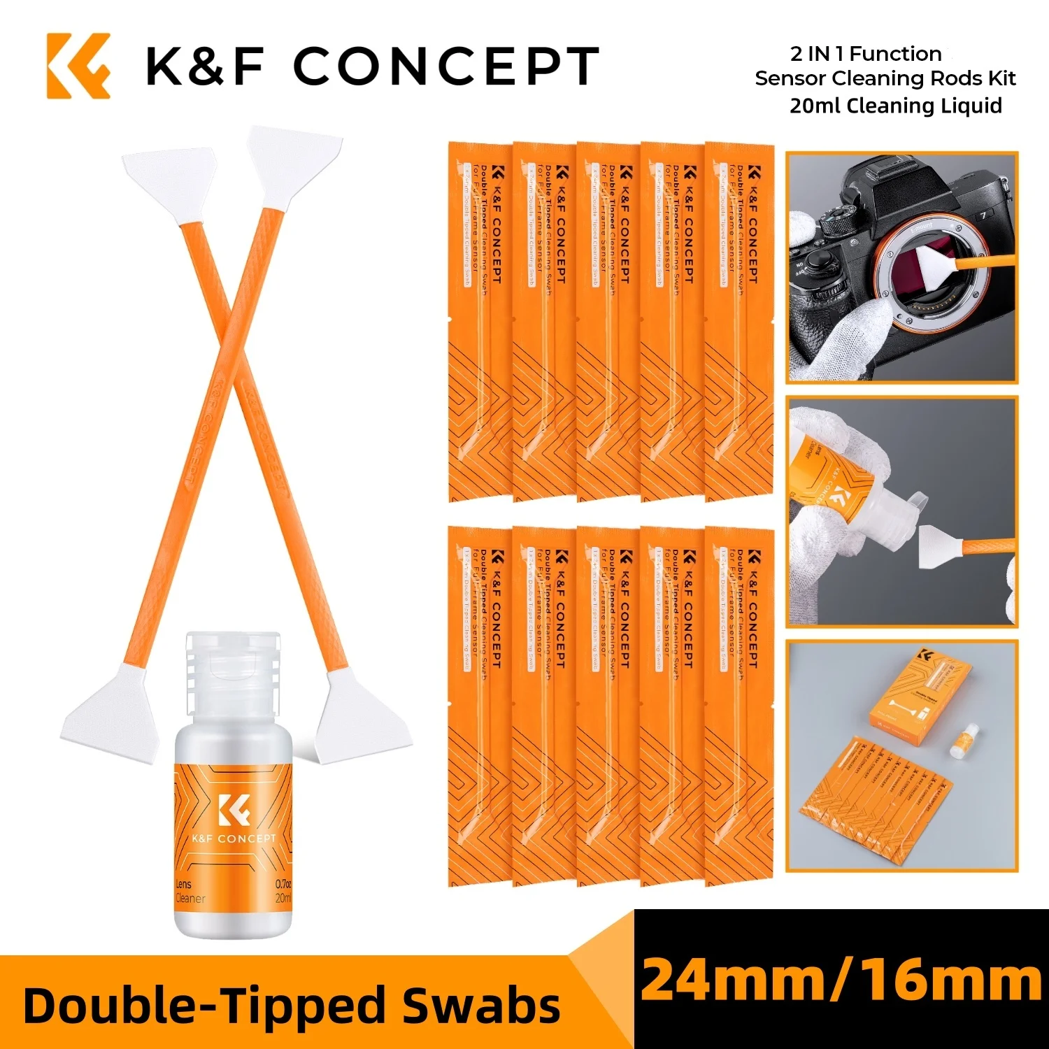 K&F CONCEPT 16mm APS-C/24mm Full Frame Double-Tipped Sensor Cleaning Swabs*10pcs & 20ml Liquid Cleaner Sets For DSLR SLR Cameras