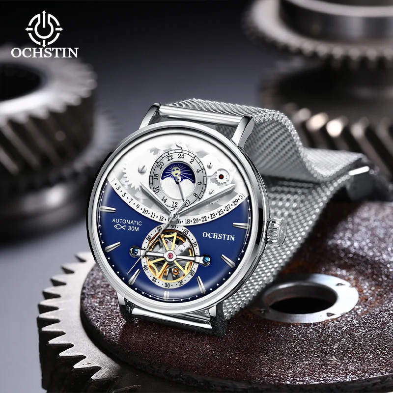 OCHSTIN Men's Stainless Steel Mesh Bracelet Watches Man High-Grade Cooktop Glass Skeleton Mechanical Flying Tourbillon Watch