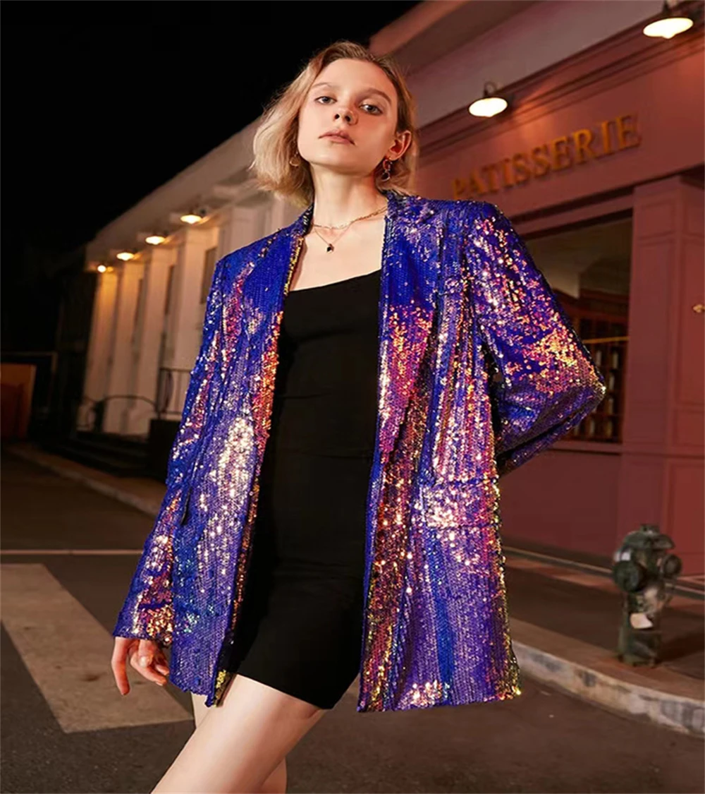 

Colorful Sequins Suit Jacket for Women Fully Lined Notched Lapel Tuxedo Blazer Plus Size Women's Suits with Single Button