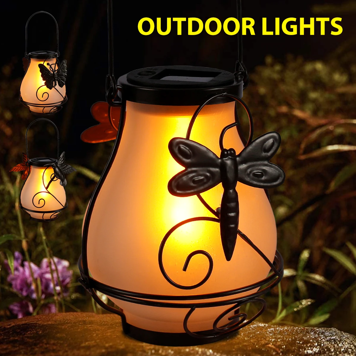 Retro Lantern Lamp Outdoor Hanging Flickering Flame Fire Metal Lantern Solar LED Garden Light Waterproof Christmas Light Decor