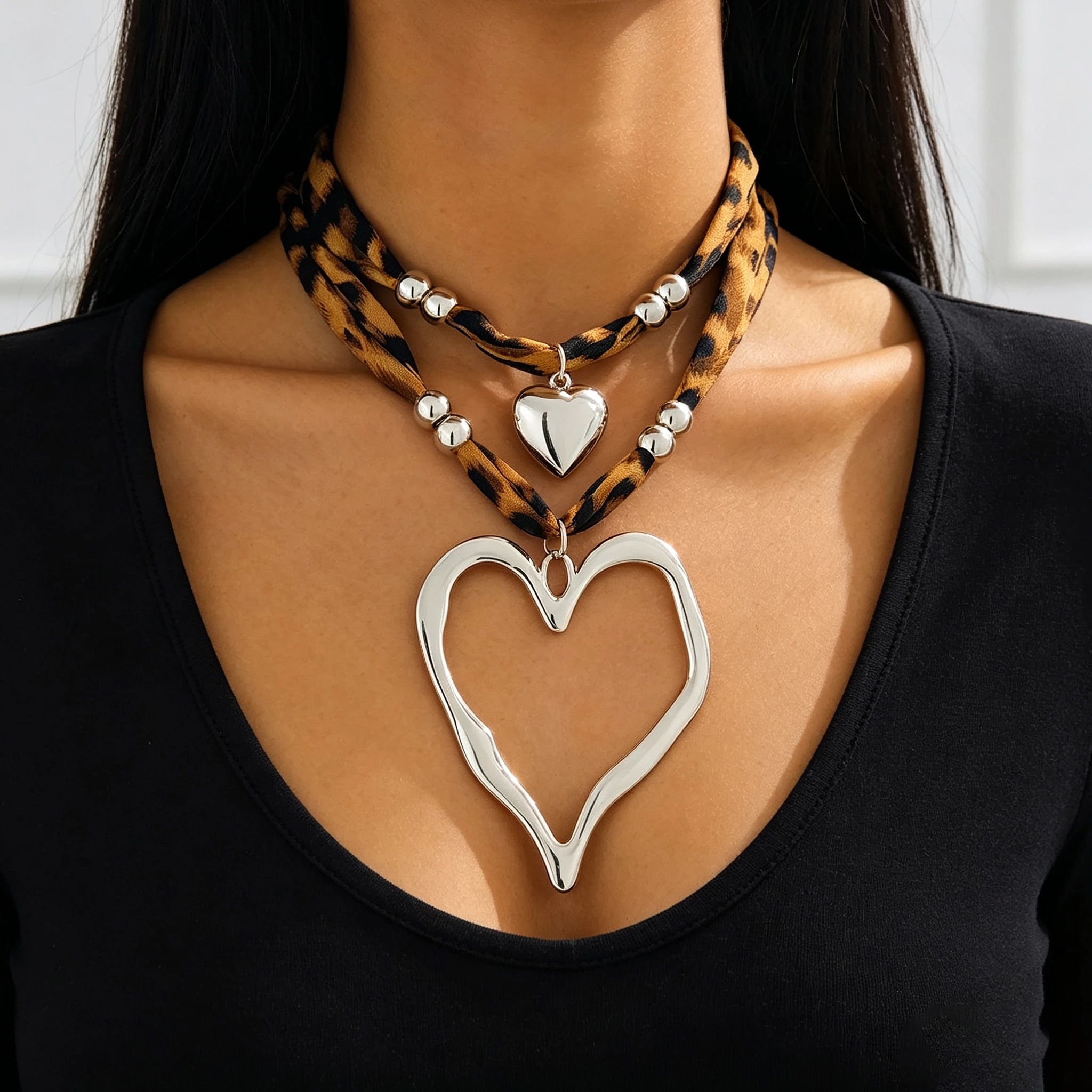 Vintage Layered Leopard Fabric Choker Necklaces Women Metal Bead Double Heart Pendant Stackable Trendy Daily Jewelry