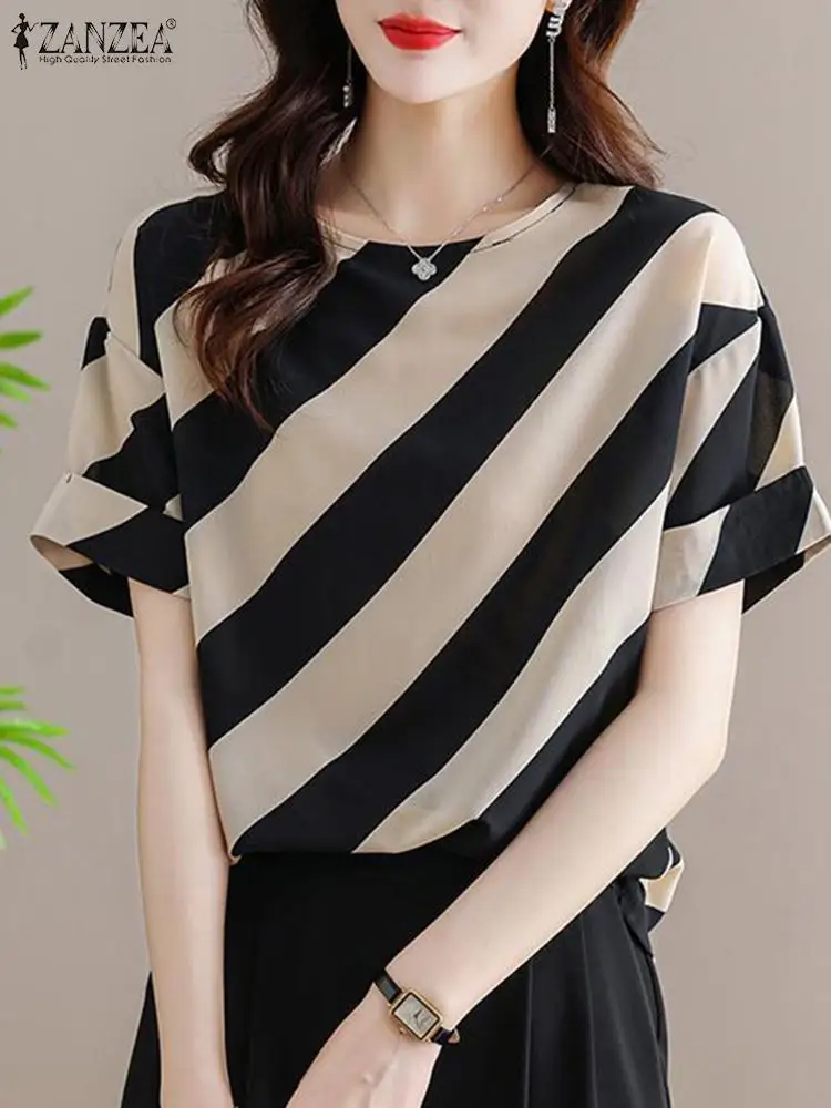 ZANZEA Fashion Women Summer OL Work Tops Elegant Striped Blouse Short Sleeve Buttons Down Shirt Casual Holiday Blusas Tunic 2024