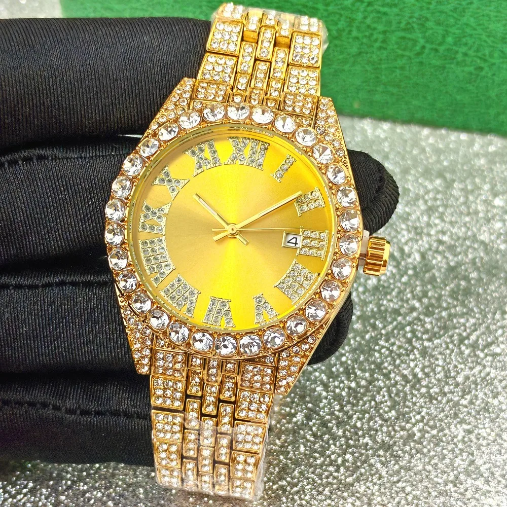

Роскошные мужские часы в стиле хип-хоп Iced Out, золотые часы с бриллиантами, сверкающие стразы, мужские наручные часы reloj montre homme
