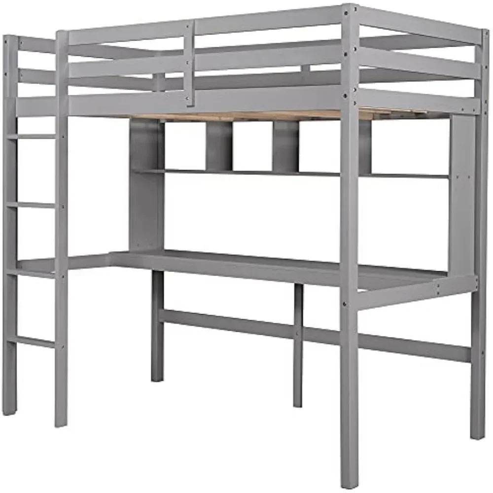 Lit Loft en bois gris pour enfants et adolescents, lit double avec bureau, étagère, adultes