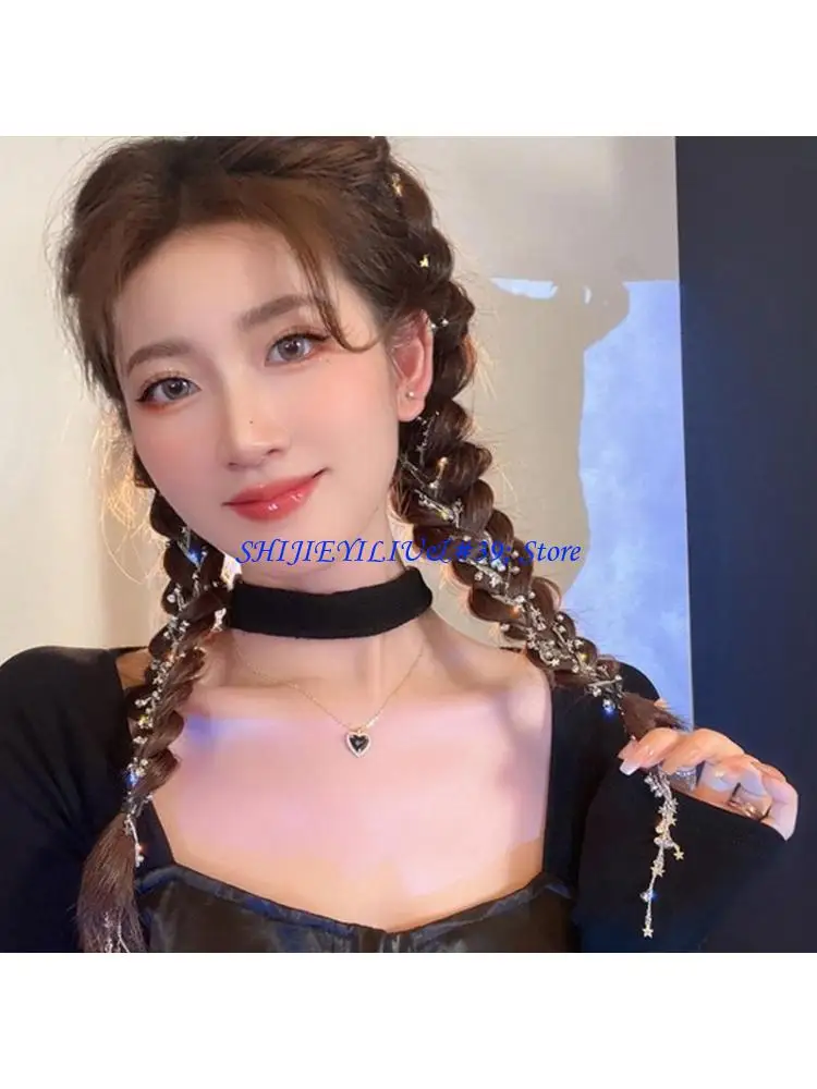

E21F Shiny Star Tassel Braided Hair Chain Jewelry Women Hiphop Hair Chain