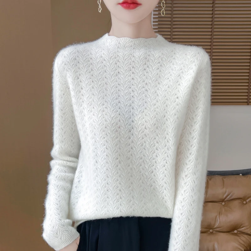 100% 메리노 울 하이 칼라 스웨터 여성 니트 풀오버 탑 겨울 따뜻한 부드러운 폴리크롬 스웨터 여성 점퍼 2025